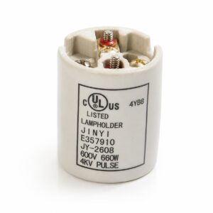 JY-2608 E26 porcelain 4kV pulse-rated lampholder with optional threaded hickey cap